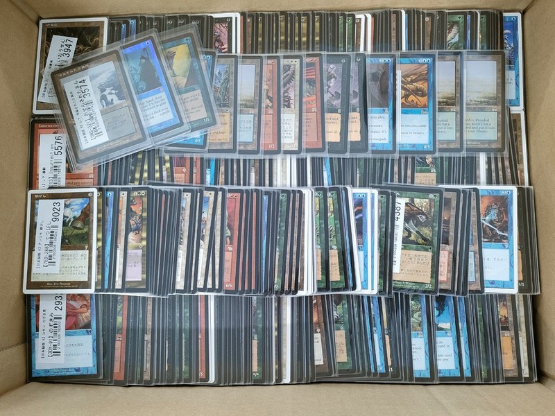 段ボール箱に並べられた買取前のMTGカード727点