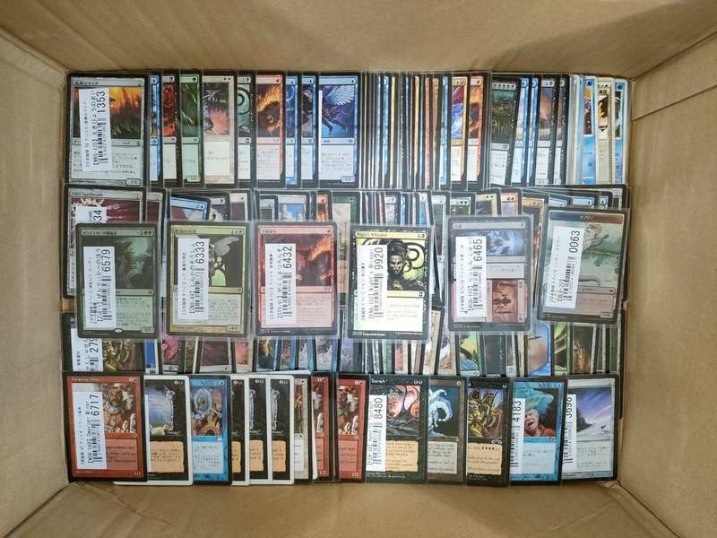 段ボール箱に並べられた買取前のMTGカード149点